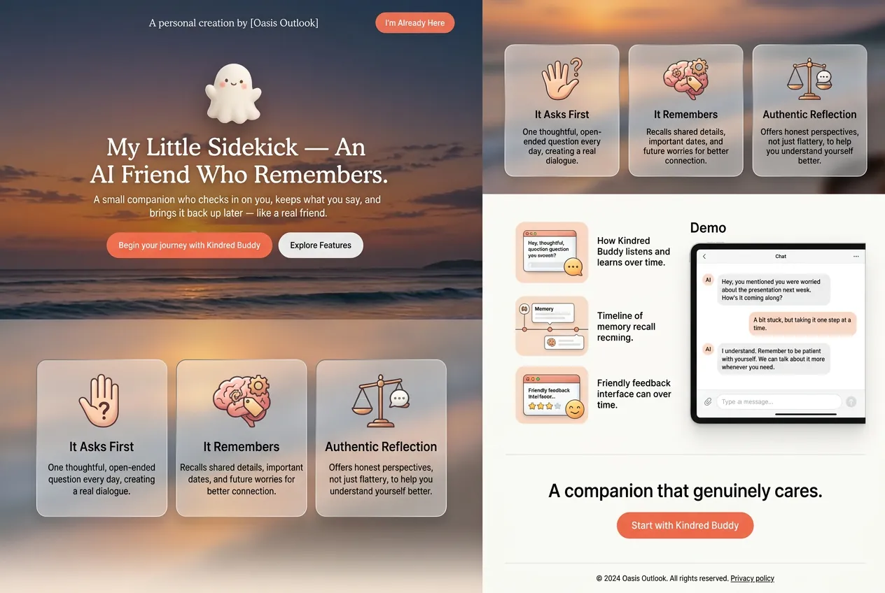 Enhanced Kindred Buddy website mockup featuring My Little Sidekick and a demo check-in