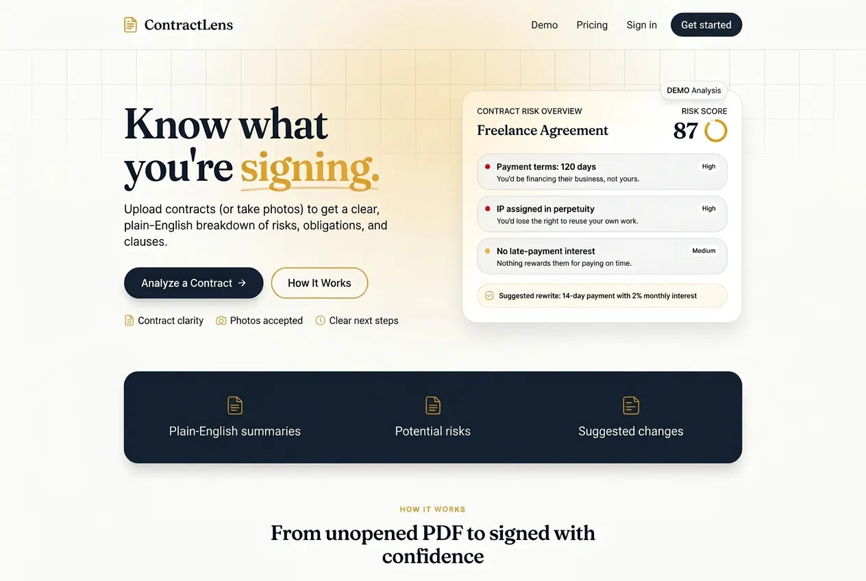 Enhanced ContractLens website mockup with a demo contract risk analysis
